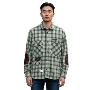 Marshall Artist Green Plaid Pleather Elbow Patch Long Sleeve Button Down - XL